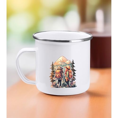 TAJNAN Coffee Mug | Unbreakable Enamel | Mountains Travel Print | Military Mug | Unique and Stylish | Birthday Travel Gift (Metal), 350 Milliliter (Two Men) - Image 2