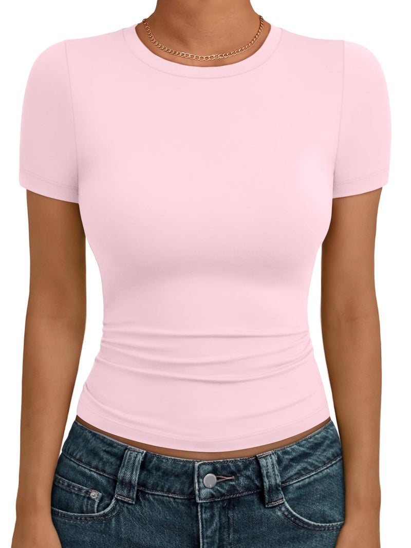 AUTOMET Women's Crew Neck Short Sleeve Summer Basic T-Shirt Stretchy Tight Fitted Soft Going Out Workout Gym Tops Pink M - Image 1