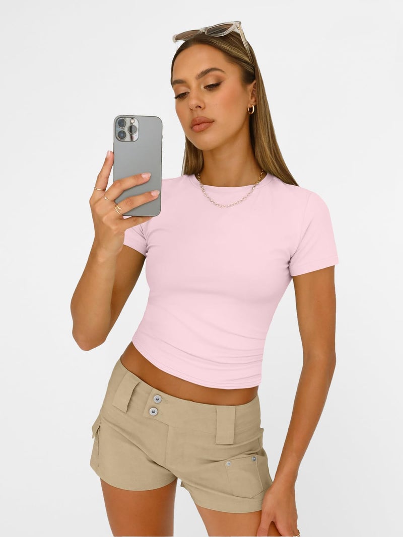 AUTOMET Women's Crew Neck Short Sleeve Summer Basic T-Shirt Stretchy Tight Fitted Soft Going Out Workout Gym Tops Pink M - Image 3
