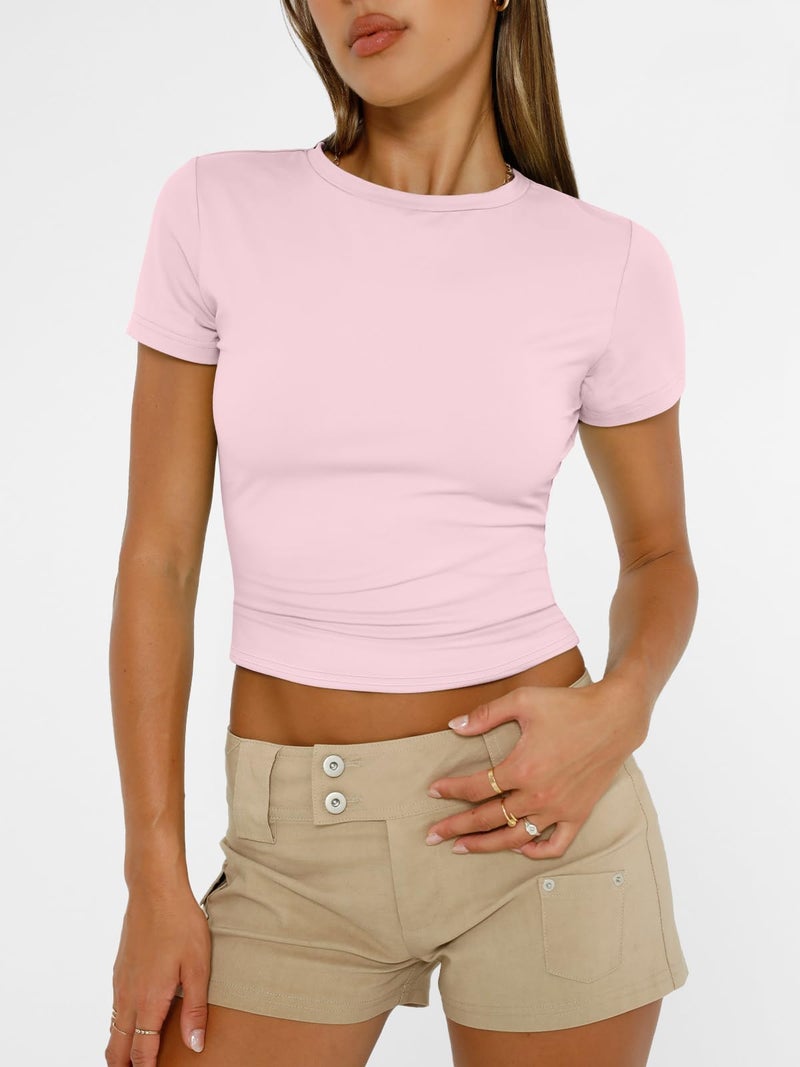 AUTOMET Women's Crew Neck Short Sleeve Summer Basic T-Shirt Stretchy Tight Fitted Soft Going Out Workout Gym Tops Pink M - Image 2