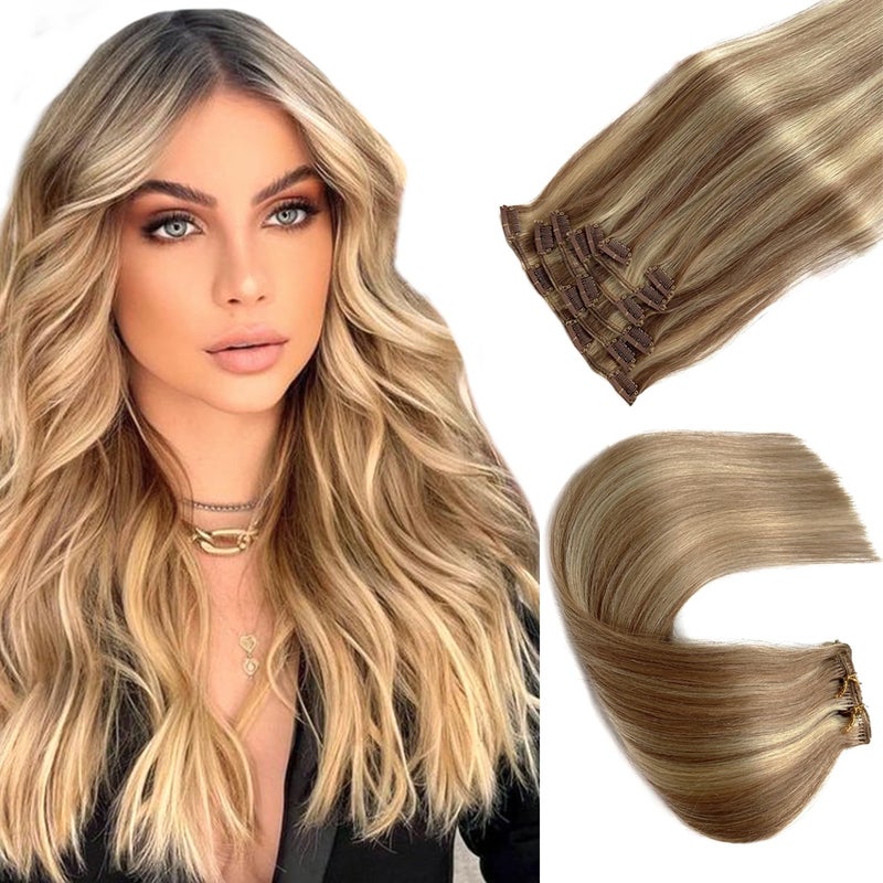 Hair Extensions Clip in Golden Brown to Blonde Highlights 7pcs 70G Straight Double Wefted Remy Human Hair Extensions 2 Sets Full Head for Women