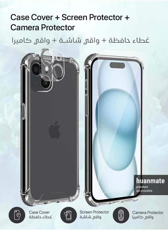huanmate - 3 in 1 Protection Pack Of Back Cover Screen Protector And Camera Protector For Apple iPhone 15 Plus Clear - Image 1