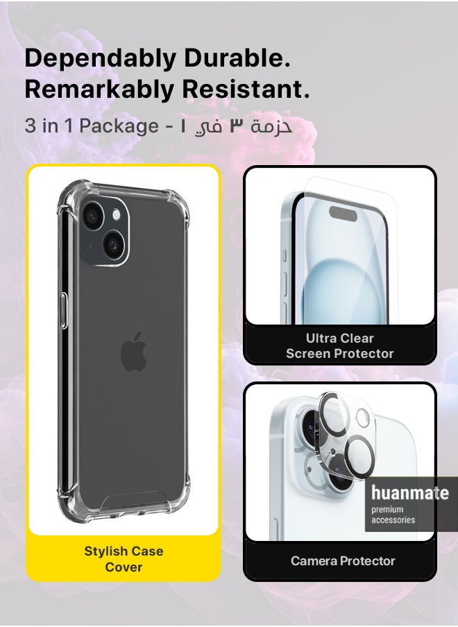 huanmate - 3 in 1 Protection Pack Of Back Cover Screen Protector And Camera Protector For Apple iPhone 15 Plus Clear - Image 1