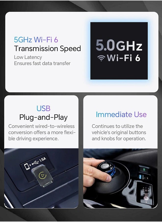 Wireless CarPlay Adapter , Plug and Play, No Latency, Converts Factory Wired to Wireless, Compatible with iPhone + and 2015+ Cars, Bluetooth 2.4GHz and Wi-Fi 2.4+5.8GHz
