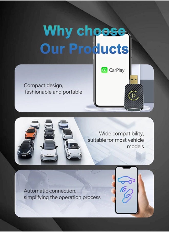Wireless CarPlay Adapter , Plug and Play, No Latency, Converts Factory Wired to Wireless, Compatible with iPhone + and 2015+ Cars, Bluetooth 2.4GHz and Wi-Fi 2.4+5.8GHz