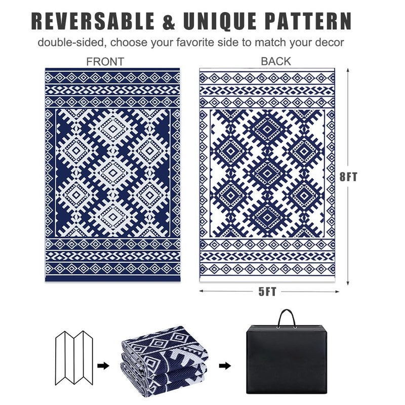 Pendolr 5â€™x8â€™ Outdoor Rug Waterproof Carpet Patio Mat Outdoor Plastic Straw Rug Camping Rug Reversible Outside Outdoor Area Rug for Balcony Deck Backyard RV Picnic Beach Navy&White 03# - Image 2
