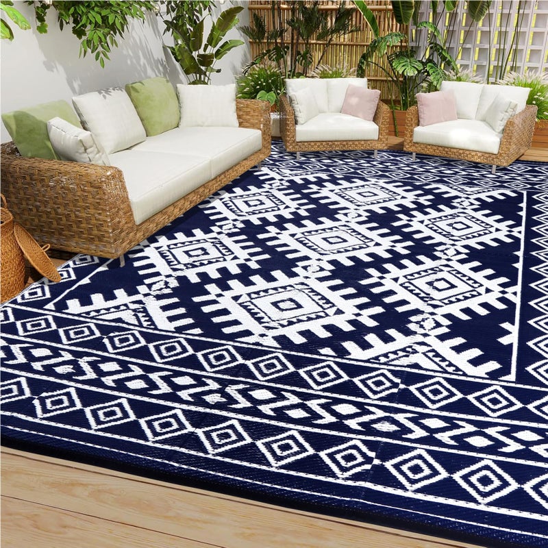 Pendolr 5â€™x8â€™ Outdoor Rug Waterproof Carpet Patio Mat Outdoor Plastic Straw Rug Camping Rug Reversible Outside Outdoor Area Rug for Balcony Deck Backyard RV Picnic Beach Navy&White 03# - Image 1