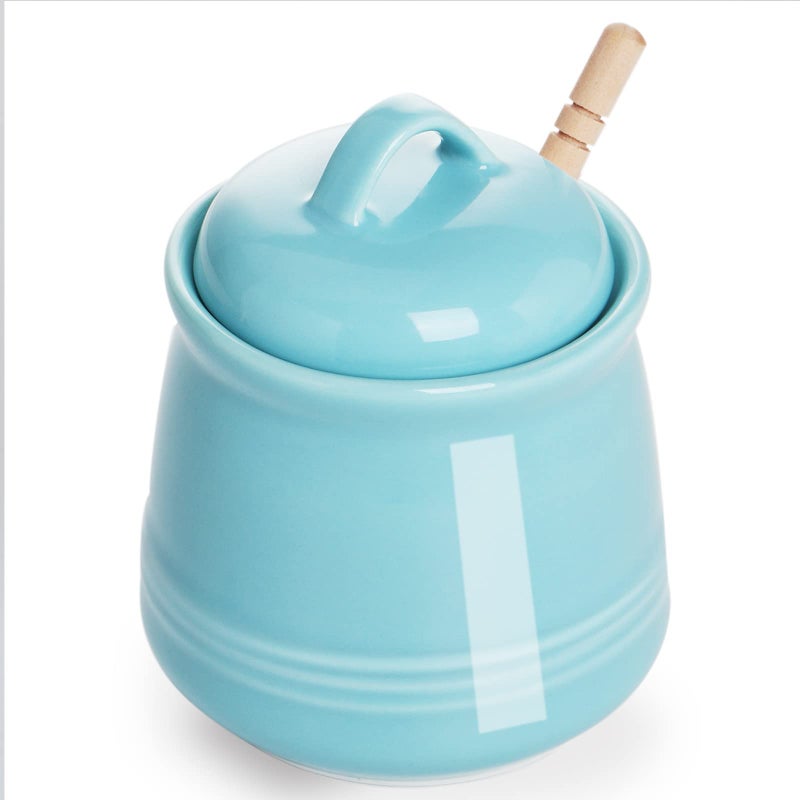 HAOTOP Ceramic Honey pot with Lid and Honey DipperPorcelain Honey Jar Easy to Clean and Dishwasher Safe12oz Blue