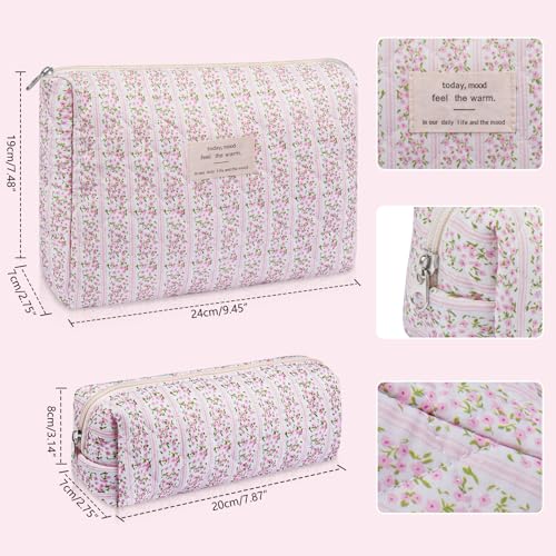 Gosect 2PC Makeup Bag Set, Cute Cosmetic Bag for Women Girls, Floral Coquette Aesthetic Toiletry Bag, Travel Make Up Organizer Bag (Pink Rose) - Image 2