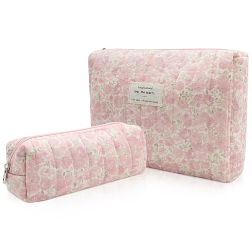 Gosect 2PC Makeup Bag Set, Cute Cosmetic Bag for Women Girls, Floral Coquette Aesthetic Toiletry Bag, Travel Make Up Organizer Bag (Pink Rose) - Image 1