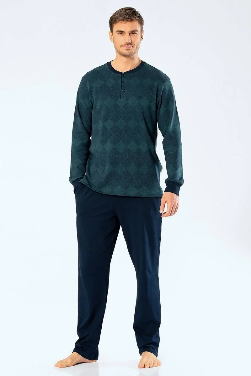 كاشاريل Men's Jacquard Checkered Plaid Pajama Set Green