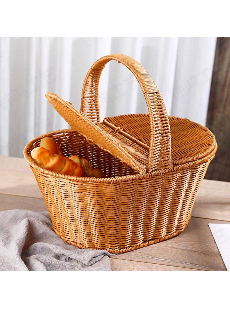 Generic FFD Round Rattan Picnic basket Handmade Wicker Basket with Handle Storage Basket with Handle Two Sidded Cover Shopping Storage Hamper Basket Hand Basket For Fruits ,vegatable,flower  - Image 1
