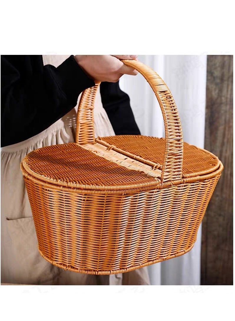 Generic FFD Round Rattan Picnic basket Handmade Wicker Basket with Handle Storage Basket with Handle Two Sidded Cover Shopping Storage Hamper Basket Hand Basket For Fruits ,vegatable,flower  - Image 3