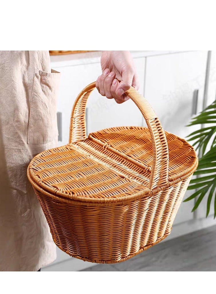 Generic FFD Round Rattan Picnic basket Handmade Wicker Basket with Handle Storage Basket with Handle Two Sidded Cover Shopping Storage Hamper Basket Hand Basket For Fruits ,vegatable,flower  - Image 4