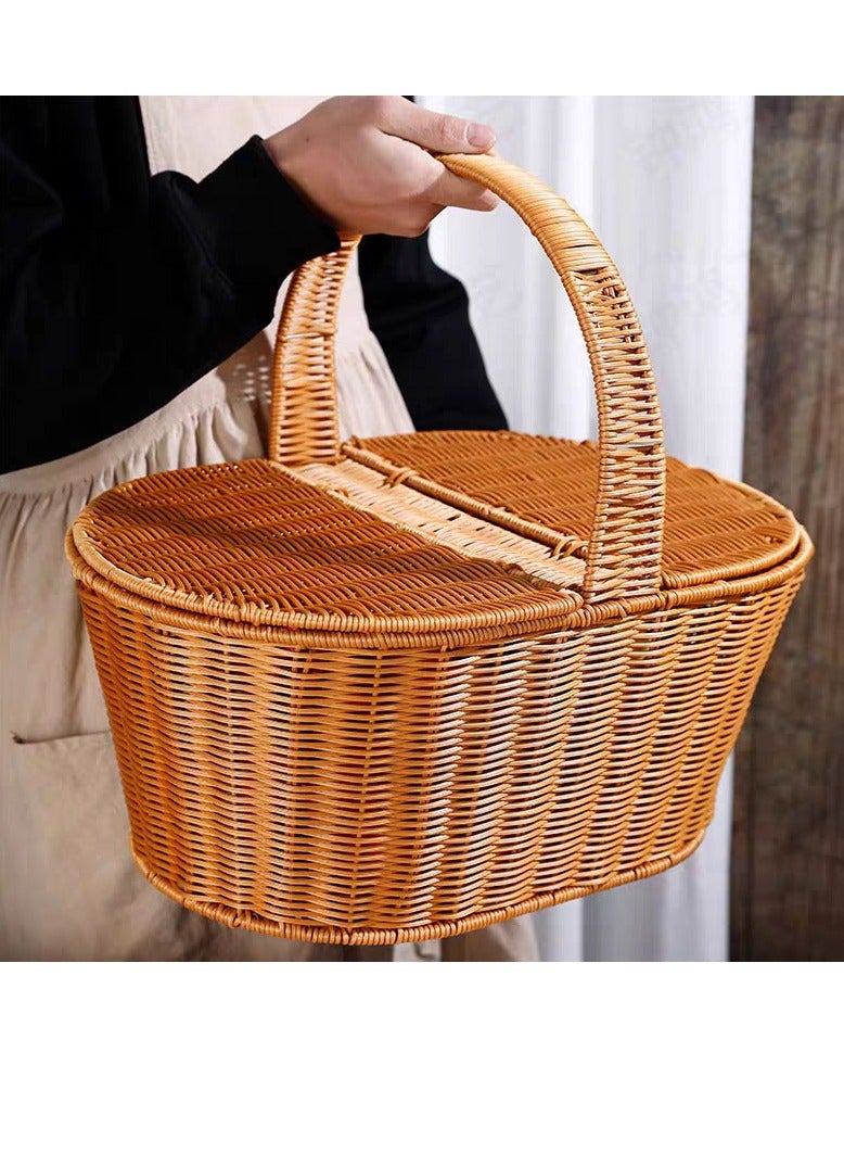 Generic FFD Round Rattan Picnic basket Handmade Wicker Basket with Handle Storage Basket with Handle Two Sidded Cover Shopping Storage Hamper Basket Hand Basket For Fruits ,vegatable,flower  - Image 2