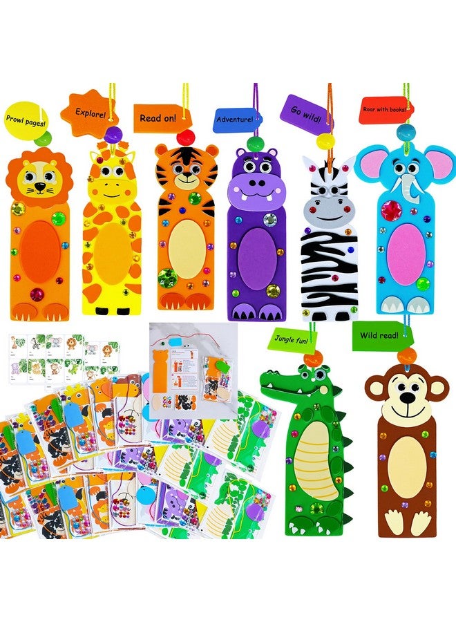 Winlyn 32 Sets Jungle Animal Crafts Kits DIY Jungle Safari Zoo Wild Animal Bookmarks Decorations Art Set Tiger Lion Zebra Foam Stickers for Kids Party Favors Classroom Activities Reading Rewards - Image 1