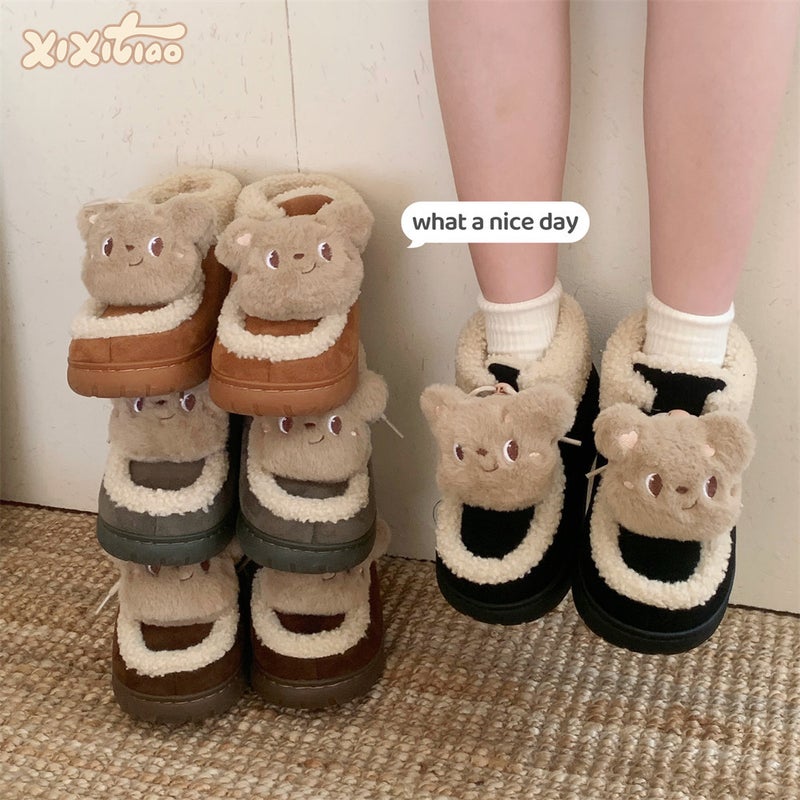 Vintage Girl'S Heart Color-Matching High-Grade Snow Boots Women'S Winter Warm Fleece-Lined Thickened Cute Bear Northeast Cotton Shoes - Image 3