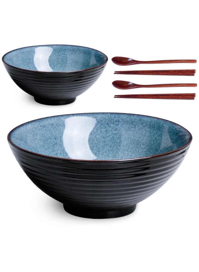 8 Inch Ceramic Ramen Bowl Set of 2, 40oz Ramen Bowls with Spoons and Chopsticks for Pho Noodle Soup, Blue - Image 1