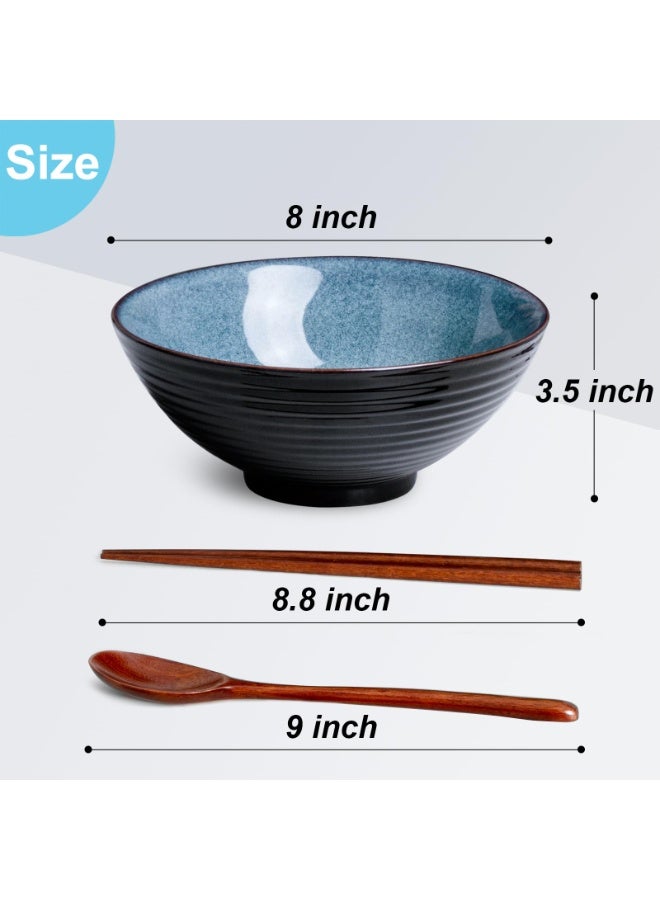 8 Inch Ceramic Ramen Bowl Set of 2, 40oz Ramen Bowls with Spoons and Chopsticks for Pho Noodle Soup, Blue - Image 2