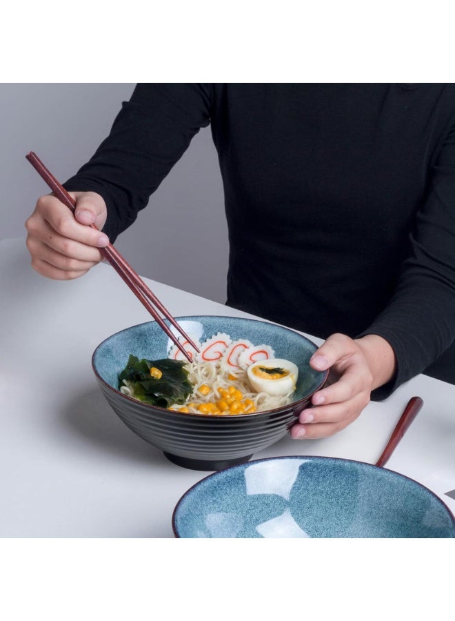 8 Inch Ceramic Ramen Bowl Set of 2, 40oz Ramen Bowls with Spoons and Chopsticks for Pho Noodle Soup, Blue - Image 4