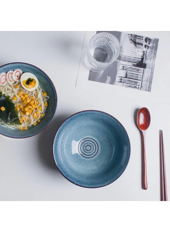 8 Inch Ceramic Ramen Bowl Set of 2, 40oz Ramen Bowls with Spoons and Chopsticks for Pho Noodle Soup, Blue - Image 3