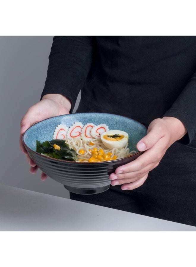 8 Inch Ceramic Ramen Bowl Set of 2, 40oz Ramen Bowls with Spoons and Chopsticks for Pho Noodle Soup, Blue - Image 5