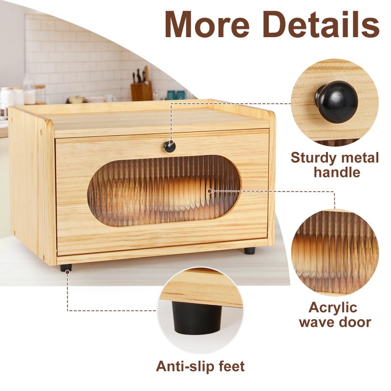 Sunhoo Bread Box for Kitchen Countertop Storage Wooden Breadbox Holder Container Morden Rustic Fresh Bread Keeper Farmhouse Stackable Organizer Bin for Homemade Food Shelf Acrylic Window (Yellow) - Image 4