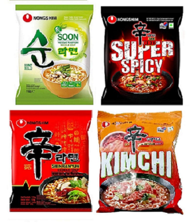 NongShim Shin Ramyun, Red Super Spicy, Kimchi & Veggie Instant Noodles 120 gm *3 Pack and 112 gm X 1 Pack (Pack of 4) - Image 1