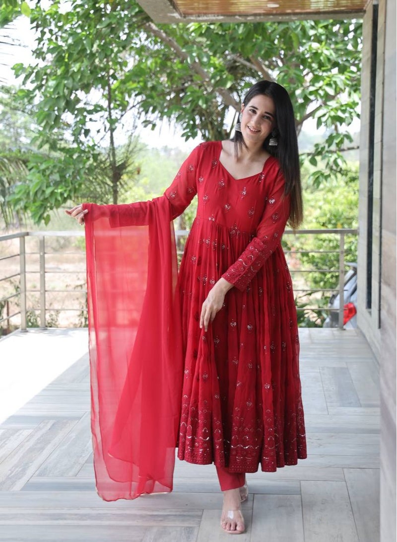 PREMIUM READYMADE DARK RED ANARKALI SUIT SET [3 PIS]  - Image 1