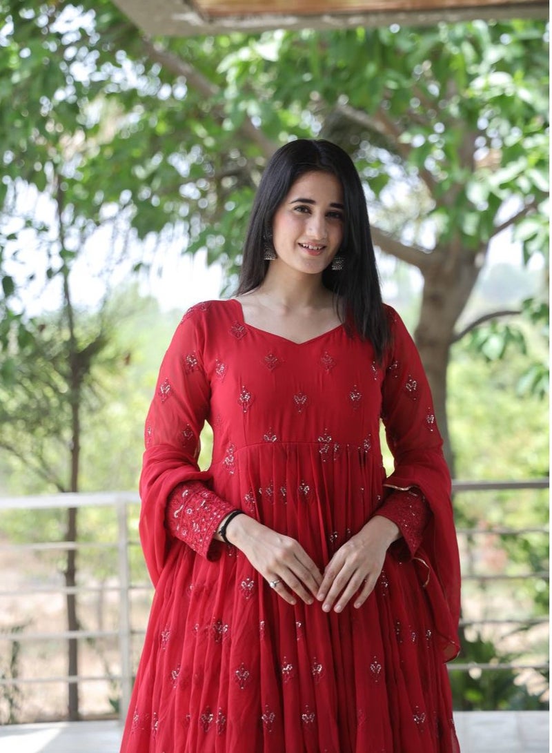 PREMIUM READYMADE DARK RED ANARKALI SUIT SET [3 PIS]  - Image 2