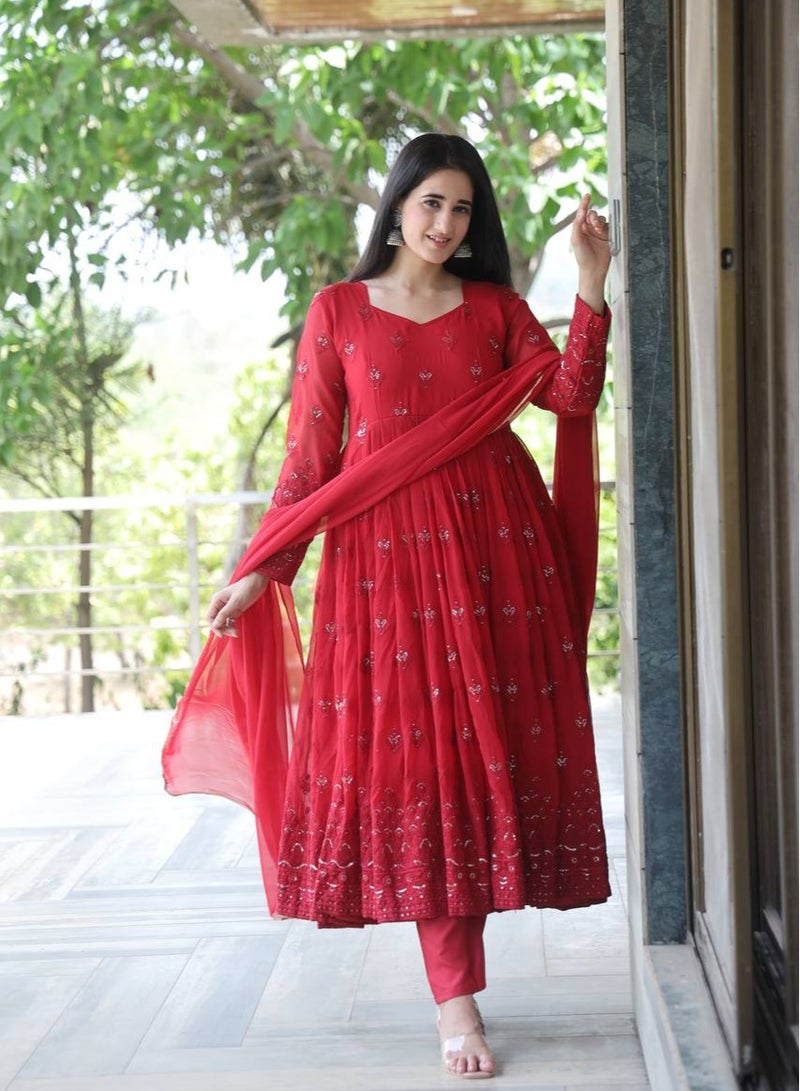 PREMIUM READYMADE DARK RED ANARKALI SUIT SET [3 PIS]  - Image 3