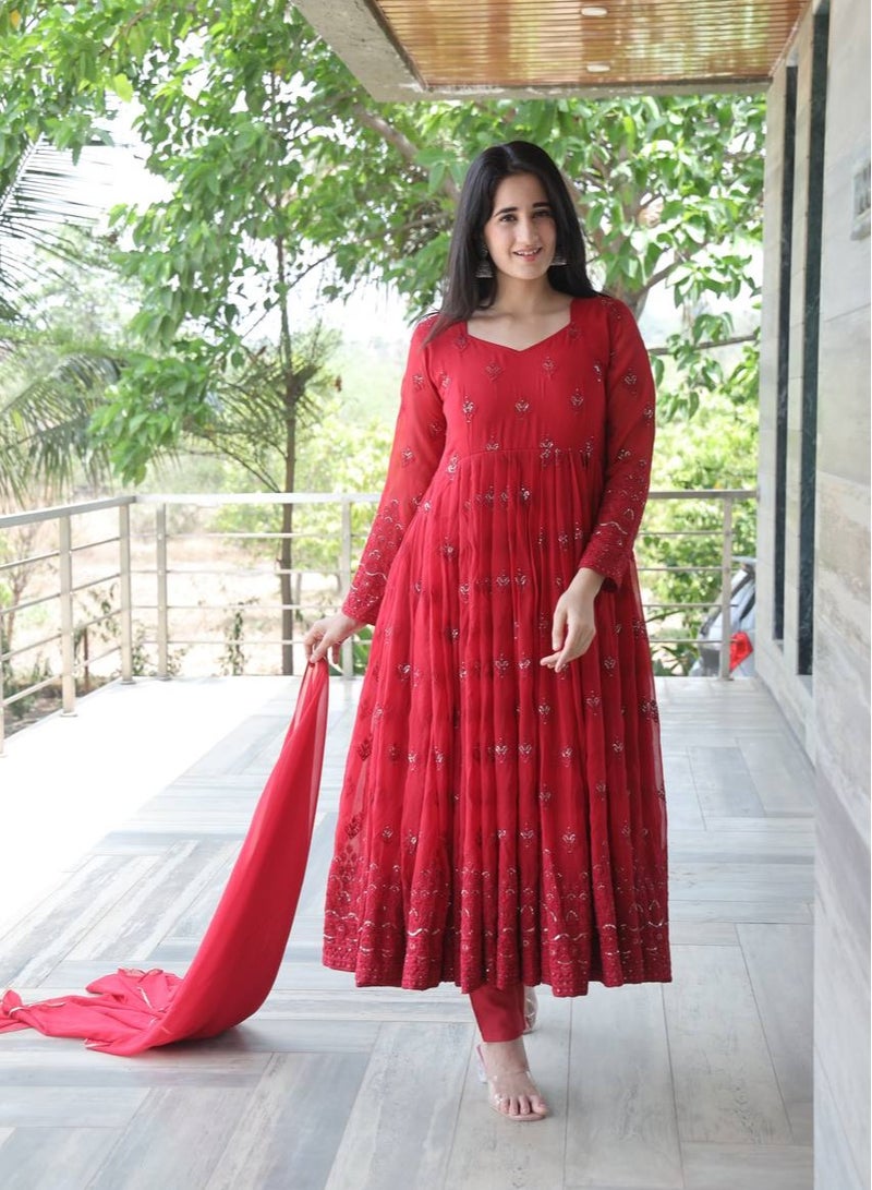 PREMIUM READYMADE DARK RED ANARKALI SUIT SET [3 PIS]  - Image 5
