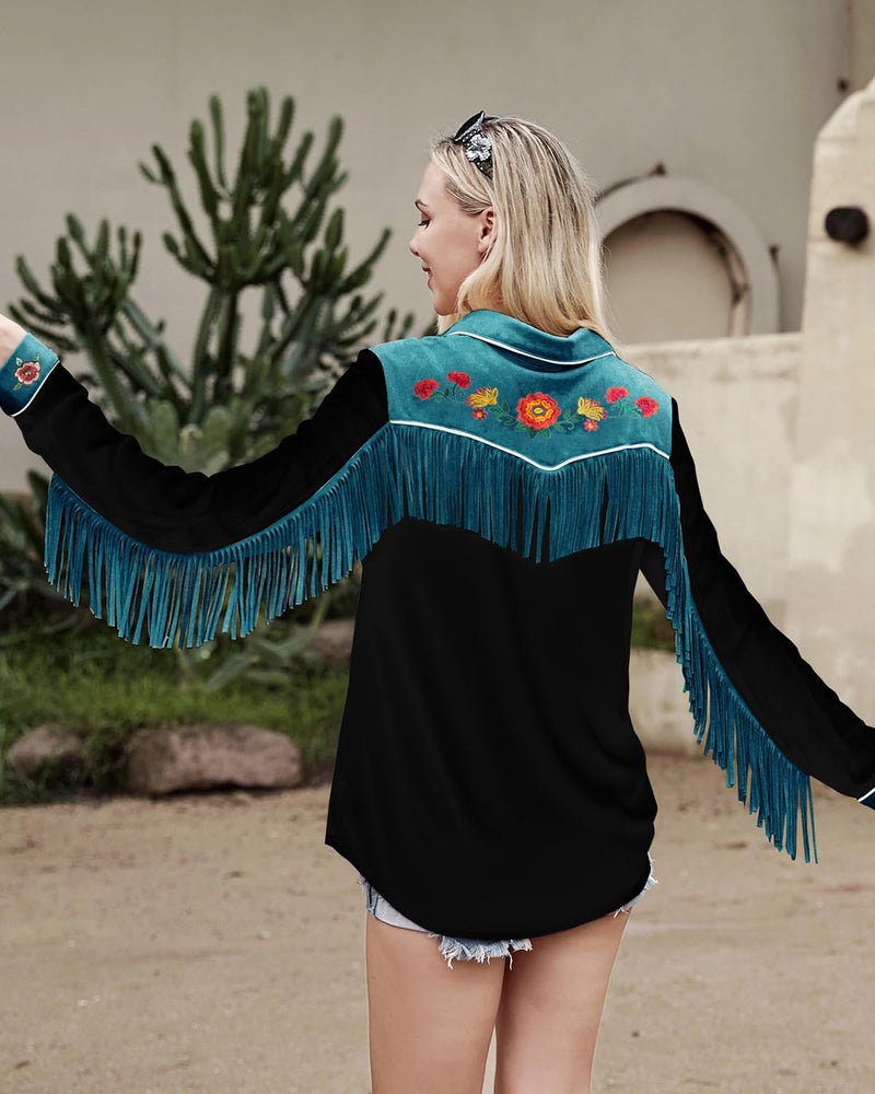 JOHN MOON Women's Fringe Western Long Sleeve Shirts with Floral Embroidered Cowgirl Button Down Shacket Blouse Country Rodeo Outfits Black - Image 4