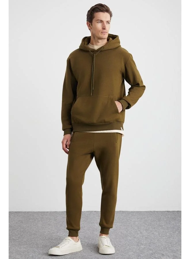 GRIMELANGE Hakone Men's Organic Cotton Lined Fleece Ribbed Pocket Jogger Khaki Sweatpants