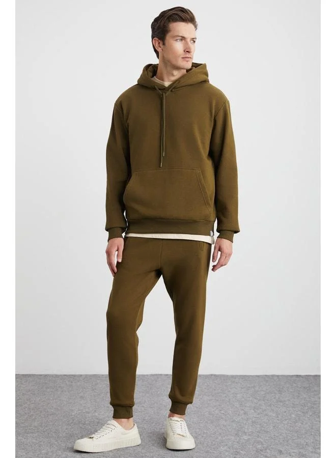 GRIMELANGE Hakone Men's Organic Cotton Lined Fleece Ribbed Pocket Jogger Khaki Sweatpants