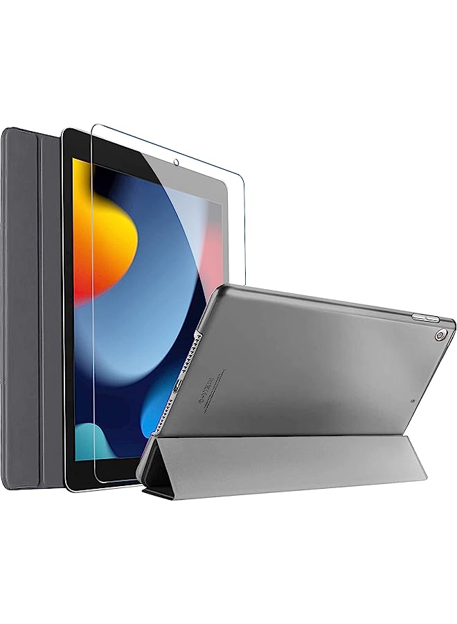 Ipad 10.2 Case 2021 9Th Gen/ 2020 8Th Gen/ 2019 7Th Gen Case With Tempered Glass Screen Protector, Slim Stand Hard Shell Protective Smart Cover For 10.2” Ipad 9Th/8Th/7Th Generation -Grey
