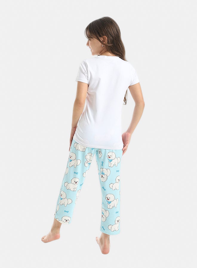 Andora Half Sleeves Plain T-Shirt And Puppies Self Patterned Pants Pijama Set_Sky Blue - Image 3