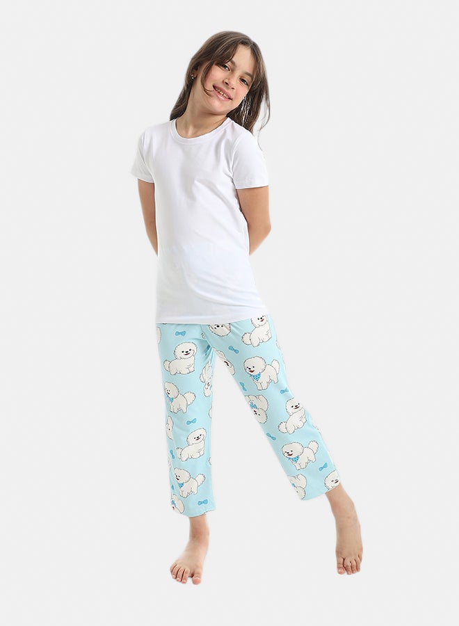 Andora Half Sleeves Plain T-Shirt And Puppies Self Patterned Pants Pijama Set_Sky Blue - Image 1