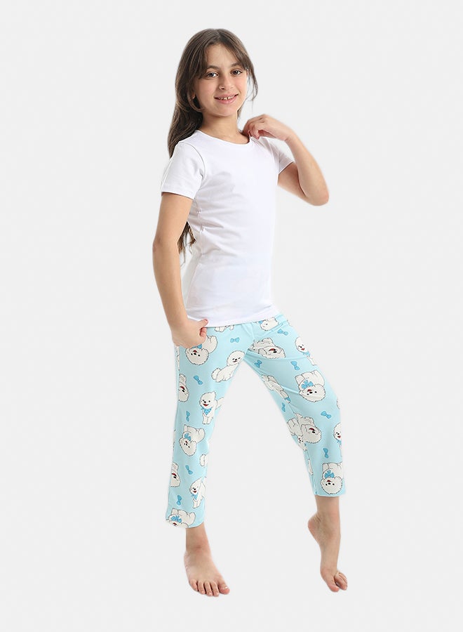 Andora Half Sleeves Plain T-Shirt And Puppies Self Patterned Pants Pijama Set_Sky Blue - Image 2