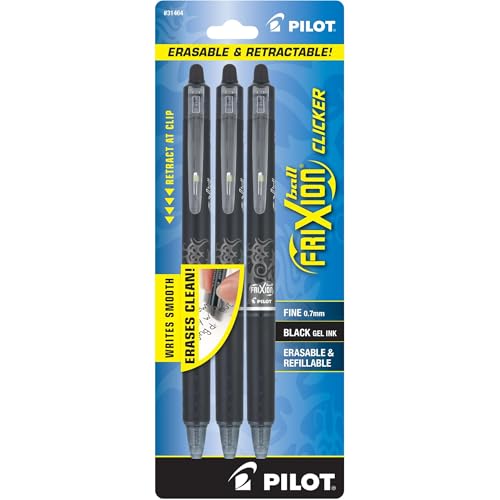 PILOT FriXion Clicker Erasable Pens, Refillable & Retractable Gel Ink Pens, Fine Point 0.7 mm, Black Ink, 3-Pack - Ideal for School, Journaling, & Office Writing - Image 1