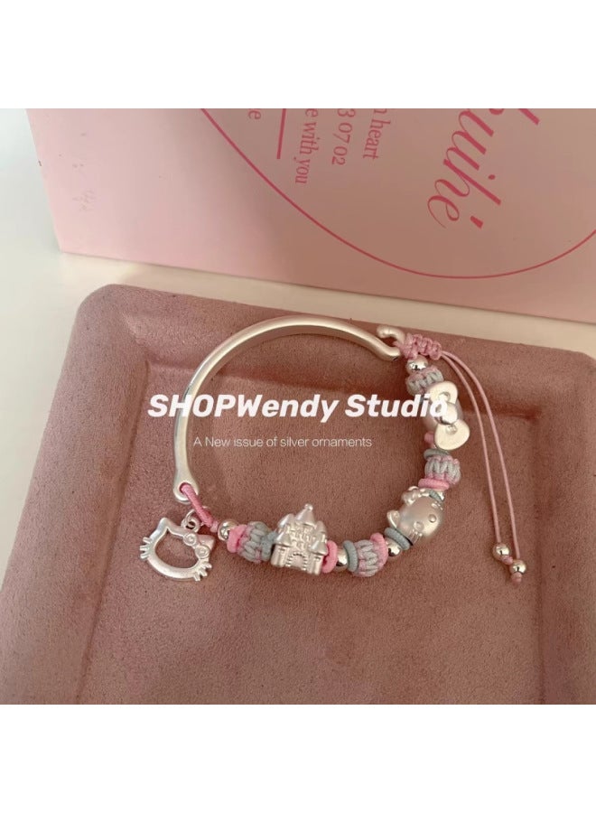 SHOPWendy | Silver 99 Cute Cartoon Kitty Castle Bow Braided Rope Bracelet Adjustable TYmy-Color:[bowtie + Crown Kitty + Castle] One Bracelet  - Image 3