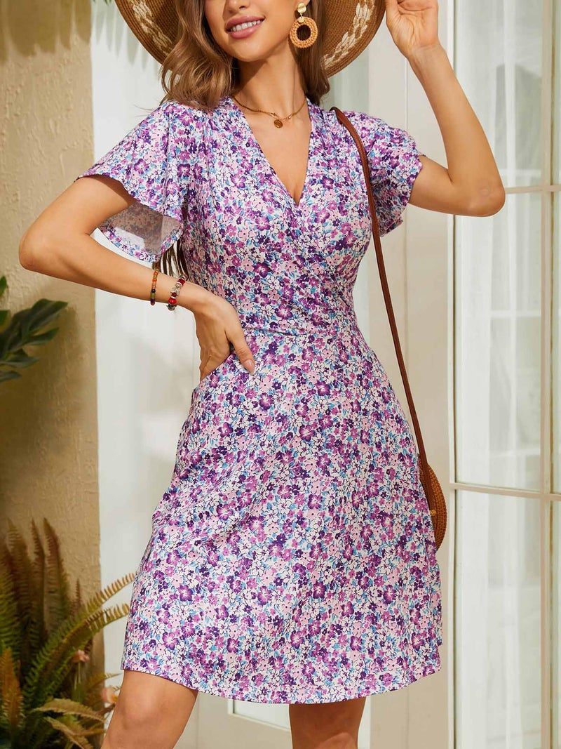 FENSACE Tea Party Dresses for Woman Summer Outfits Wrap V Neck Flowy Lavender Cute Dress for Women Sun Dress(Floral-27,Medium) - Image 5