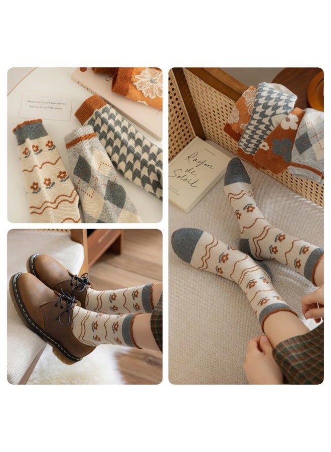 FORJMMP 5/10 Pairs Wool Socks for Women Thick Knit Vintage Cute Floral Crew Socks (5 Pairs-Orange Flowers) - Image 2