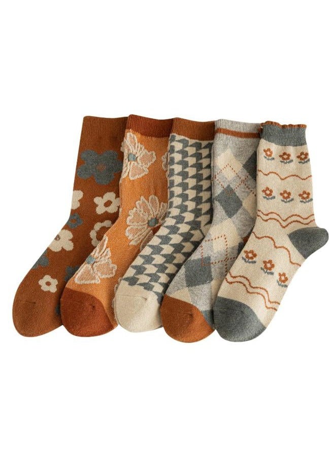 FORJMMP 5/10 Pairs Wool Socks for Women Thick Knit Vintage Cute Floral Crew Socks (5 Pairs-Orange Flowers) - Image 3