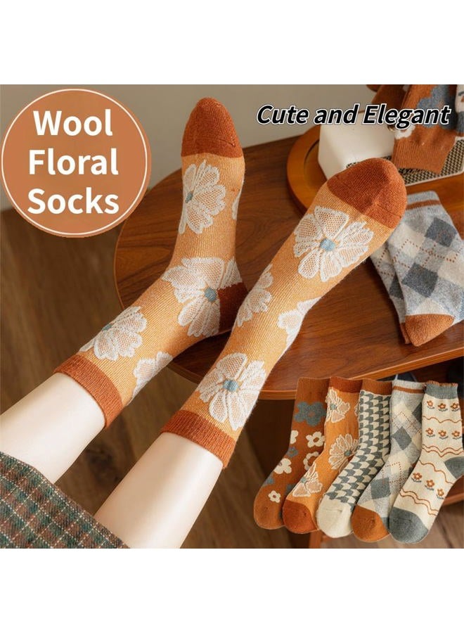 FORJMMP 5/10 Pairs Wool Socks for Women Thick Knit Vintage Cute Floral Crew Socks (5 Pairs-Orange Flowers) - Image 4