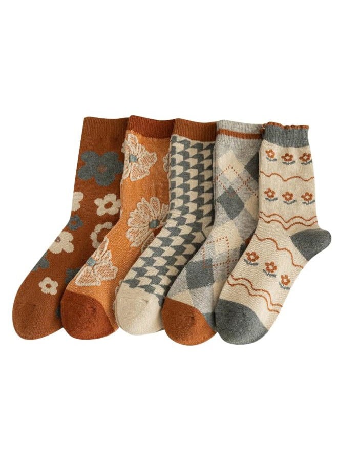 FORJMMP 5/10 Pairs Wool Socks for Women Thick Knit Vintage Cute Floral Crew Socks (5 Pairs-Orange Flowers) - Image 1