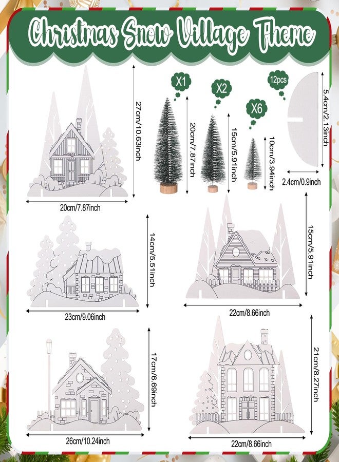 Marsui 14 Pcs White Christmas Village Houses Sets Wooden DIY Christmas Village with Xmas Tree Christmas Coloring House Winter Arts Crafts for Mantel Table House Room Decor Architecture Gift - Image 2