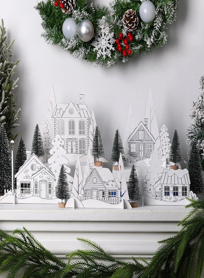 Marsui 14 Pcs White Christmas Village Houses Sets Wooden DIY Christmas Village with Xmas Tree Christmas Coloring House Winter Arts Crafts for Mantel Table House Room Decor Architecture Gift - Image 3