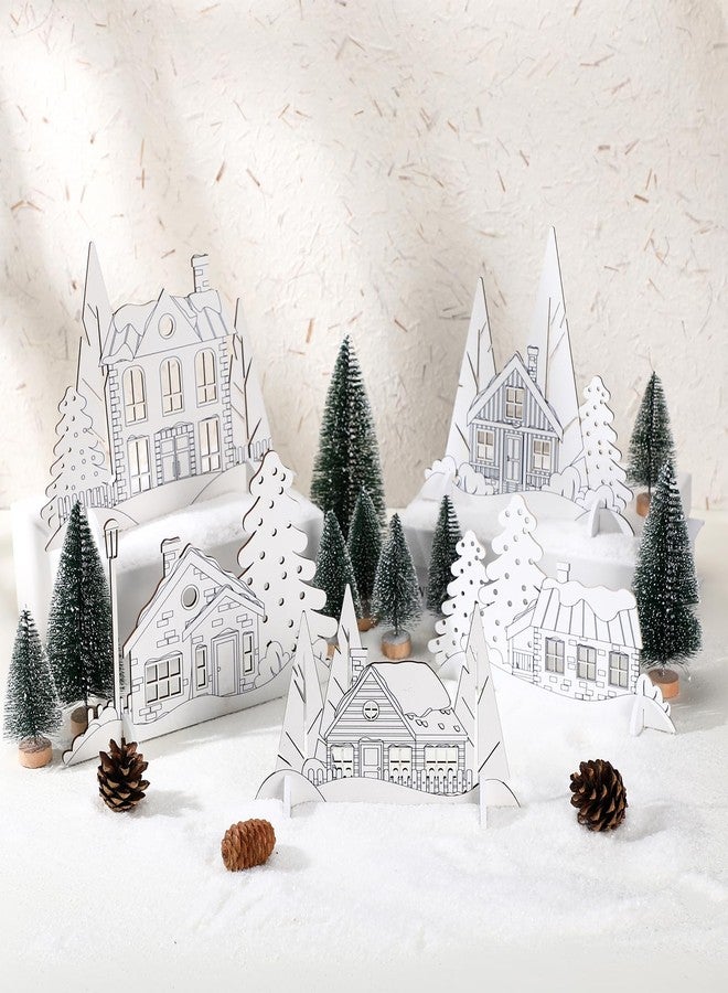 Marsui 14 Pcs White Christmas Village Houses Sets Wooden DIY Christmas Village with Xmas Tree Christmas Coloring House Winter Arts Crafts for Mantel Table House Room Decor Architecture Gift - Image 1