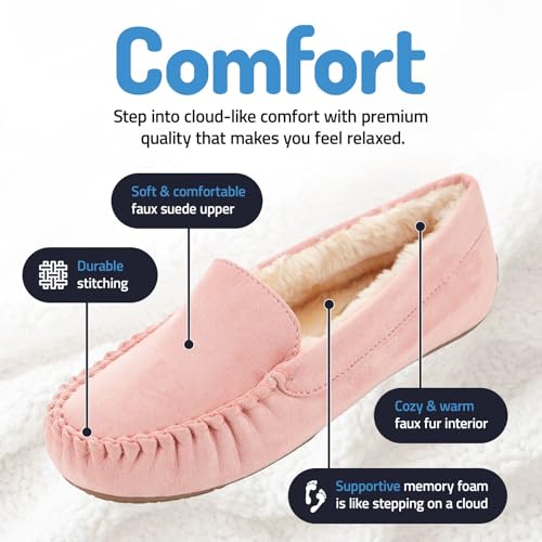 Floopi Women Slippers Moccasins, Soft Faux Fur Lining with Cozy Memory Foam, Ladies House Slippers for Women with Indoor & Outdoor Anti-Skid Sole(8, Pink-323) - Image 2